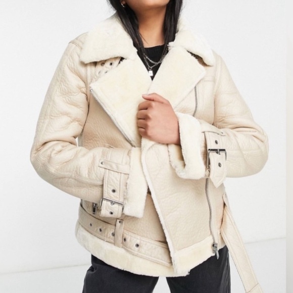 Topshop Faux Shearling Aviator Leather Moto Jacket - Picture 3 of 10